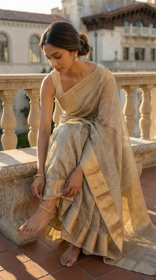 Woman in a Golden tissue silk saree with subtle sheen and elegant border, lightweight festive ethnic wear, sitting on a stone ledge with a blurred building in the background.