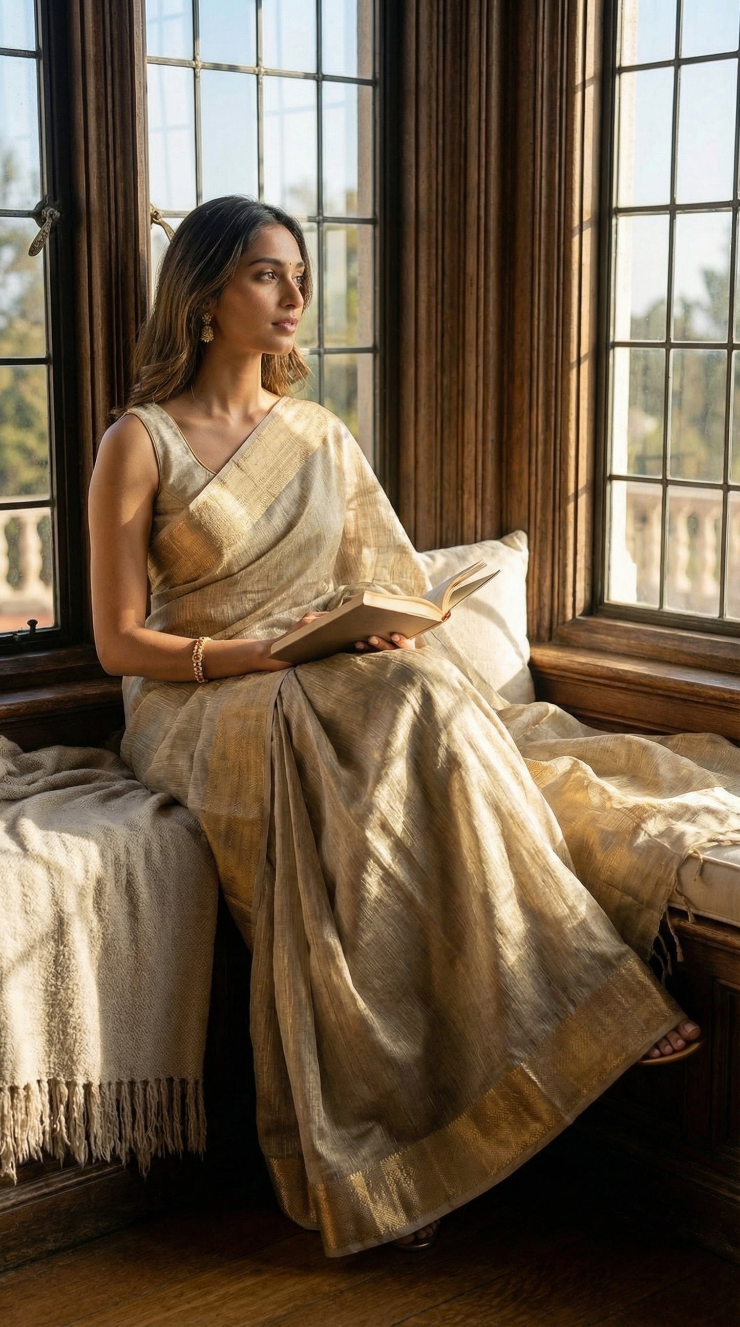 Woman in a Golden tissue silk saree with subtle sheen and elegant border, lightweight festive ethnic wear, sitting by a window, holding a book.