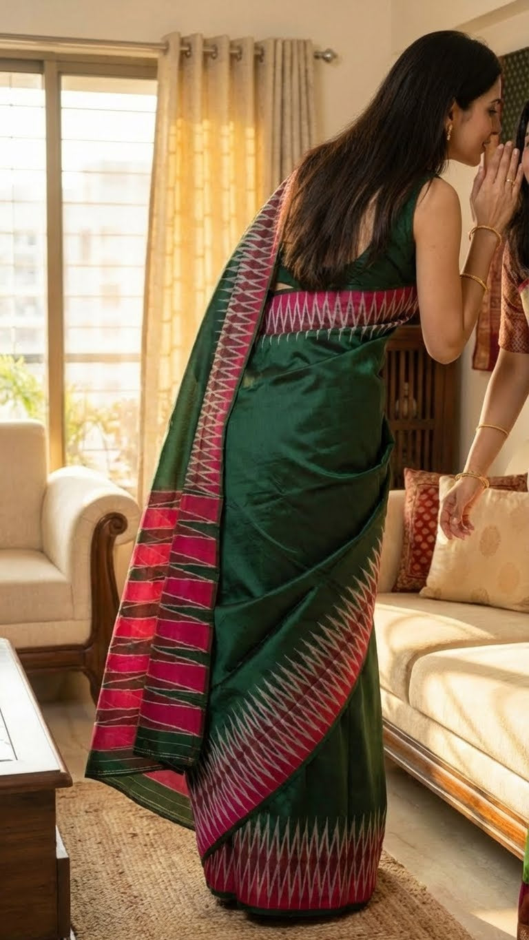 Woman wearing a viscose silk green and pink saree in a living room setting.
