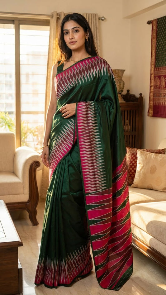 Woman wearing a viscose silk green and pink saree in a living room setting.