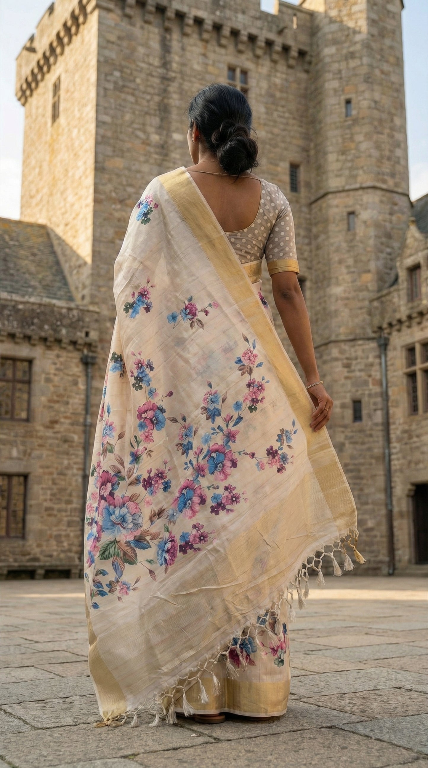 Woman wearing Grey viscose silk blend saree with subtle floral print, a low-angle shot from behind as she stands before a tall monument, making the saree look majestic and statuesque.