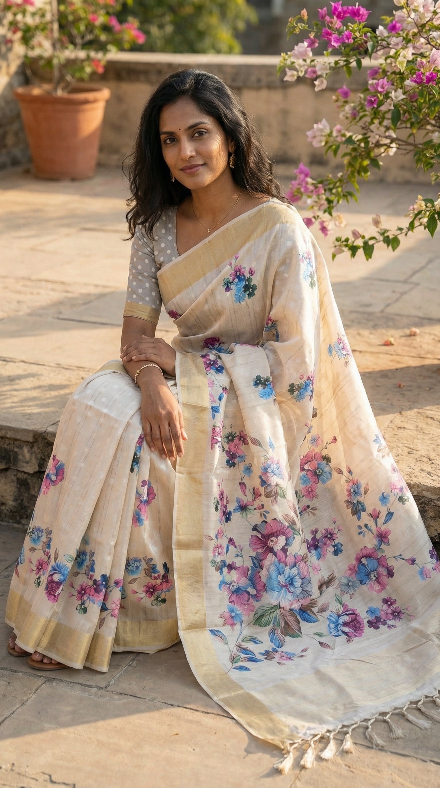Woman wearing Grey viscose silk blend saree with subtle floral print, sitting with one knee folded upward while the other rests flat.
