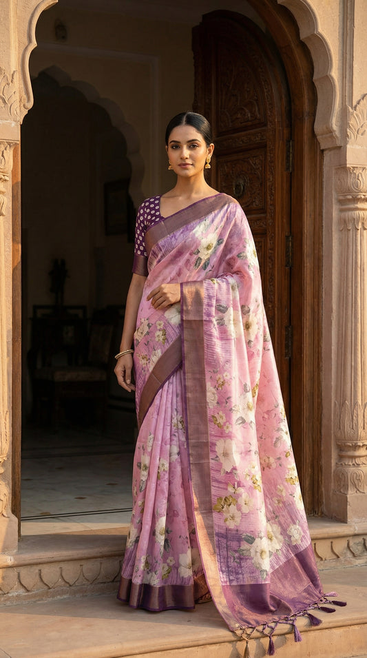 Woman wearing Lavender viscose silk blend saree with soft floral motifs, in a poised posture. standing at door of a Indian grand home.