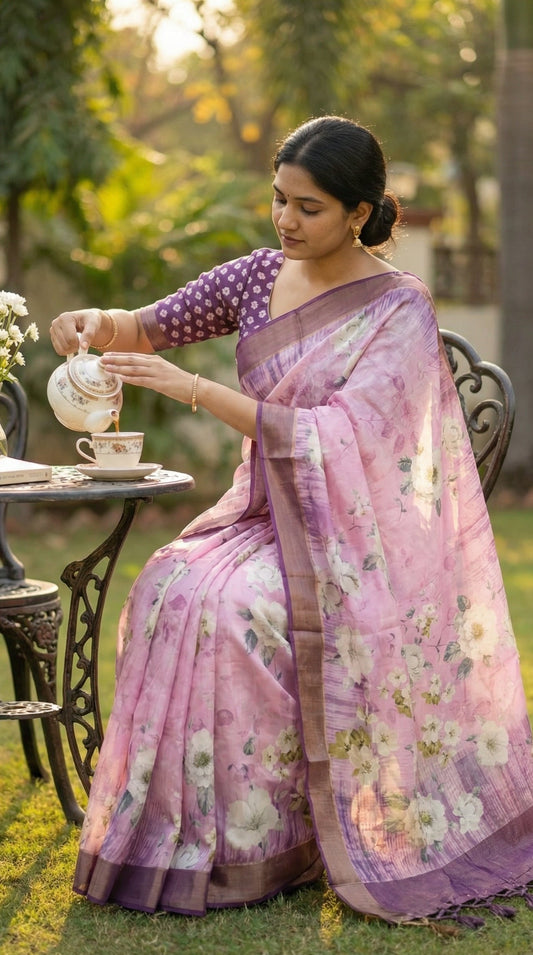 Woman wearing Lavender viscose silk blend saree with soft floral motifs, sitting at a garden table, mid-action pouring tea into a ceramic cup; focuses on the grace of the arms and the blouse design.