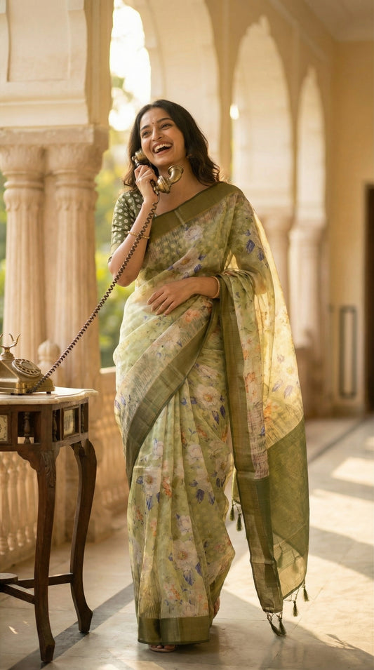 Woman wearing Light green viscose silk saree featuring pastel floral design. She is walking through a sunlit heritage corridor, holding a classic brass or black rotary telephone receiver (Vintage 1950s rotary telephone with a long coiled cord) to her ear, with her head thrown back in mid-laughter.