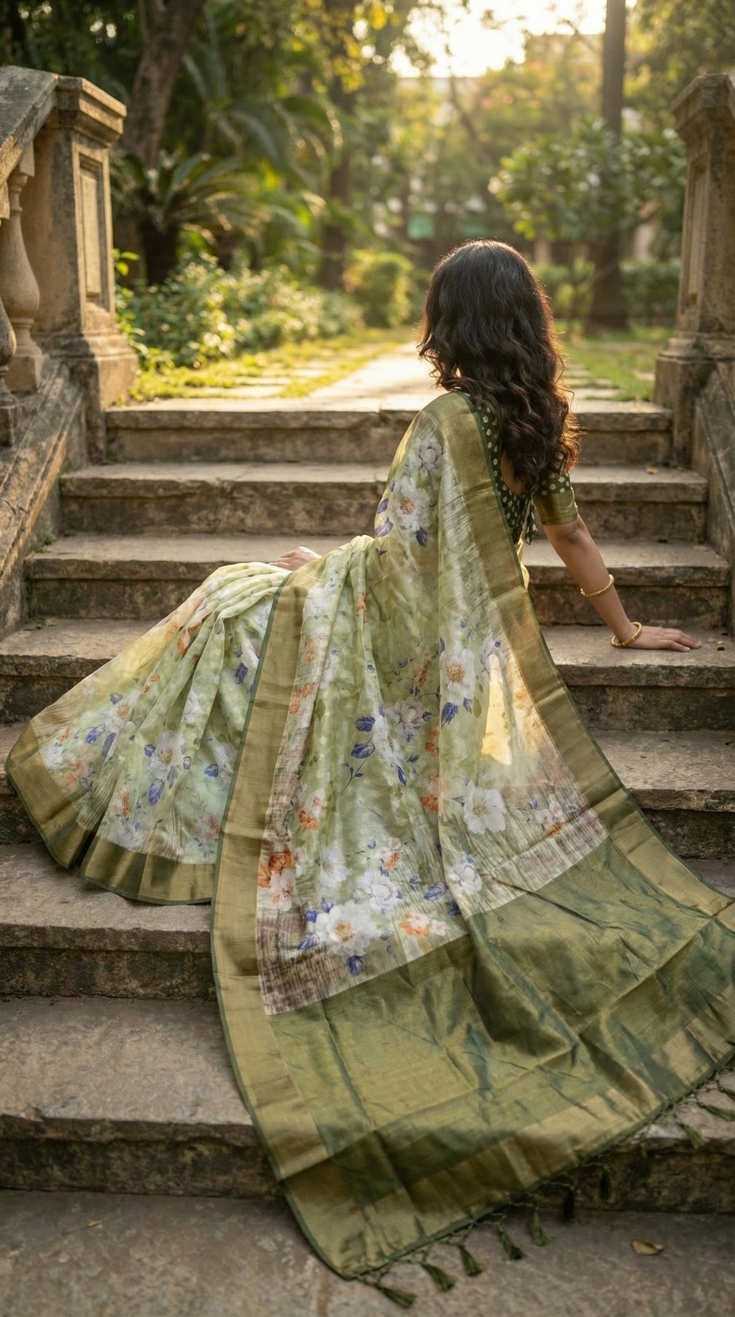Woman wearing Light green viscose silk saree featuring pastel floral design. She is reclining on heritage stairs with her back toward the camera, allowing the saree to be spread out across the steps to capture every detail of the weaving.
