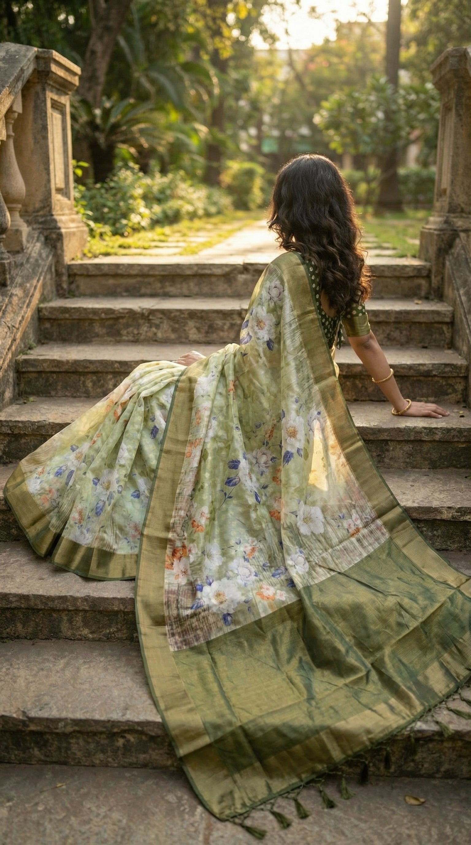 Woman wearing Light green viscose silk saree featuring pastel floral design. She is reclining on heritage stairs with her back toward the camera, allowing the saree to be spread out across the steps to capture every detail of the weaving.