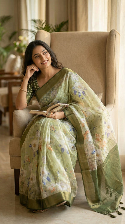 Woman wearing Light green viscose silk saree featuring pastel floral design. She is tucked into a large, high-backed wing chair, she is holding the book with a radiant expression, her hand resting on her cheek, showing the elegance of the saree's sleeve.