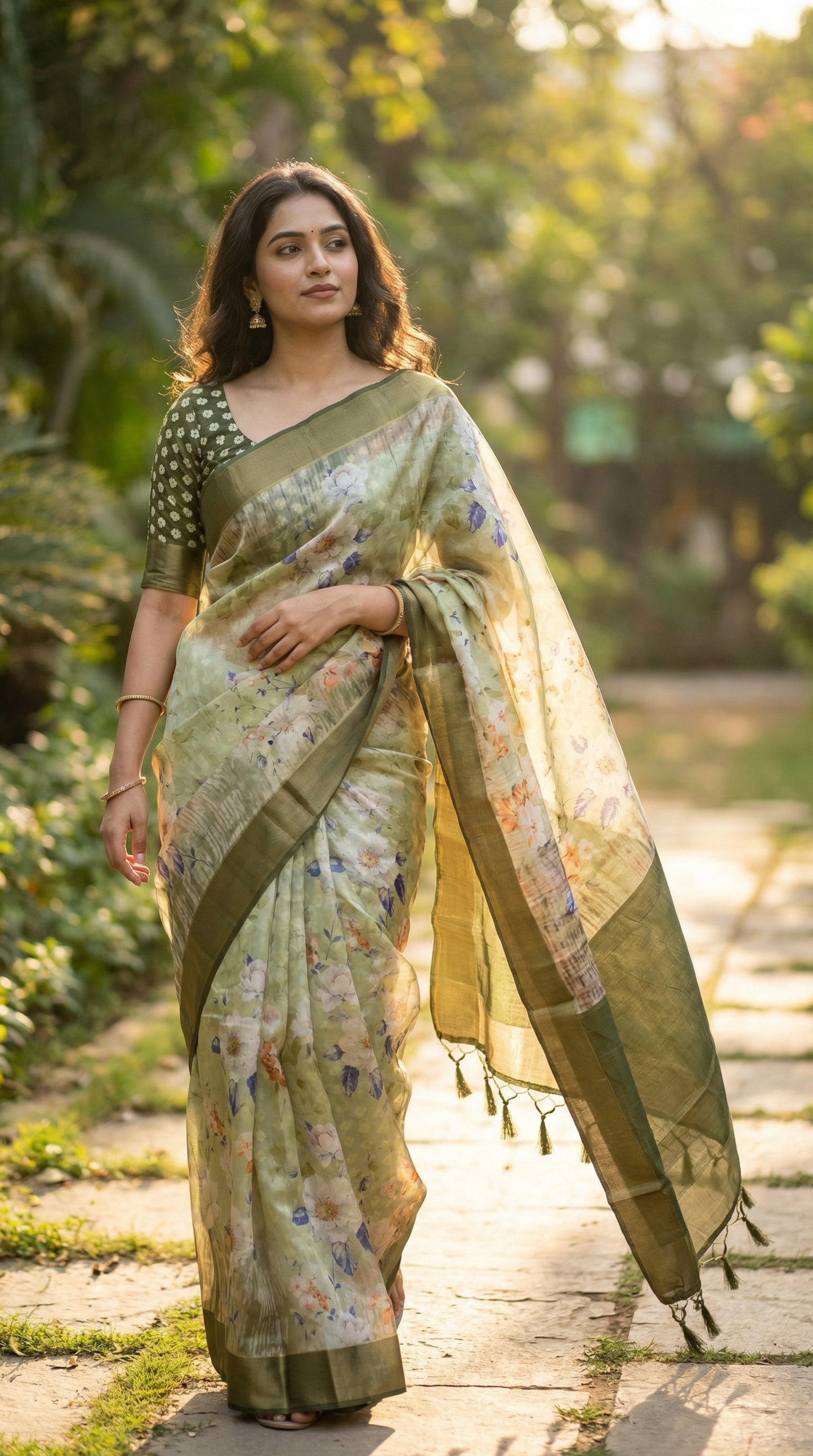 Woman wearing Light green viscose silk saree featuring pastel floral design. A candid-style pose of the lady walking through an outdoor setting as a breeze catches the saree, creating a "new style" of movement shots.
