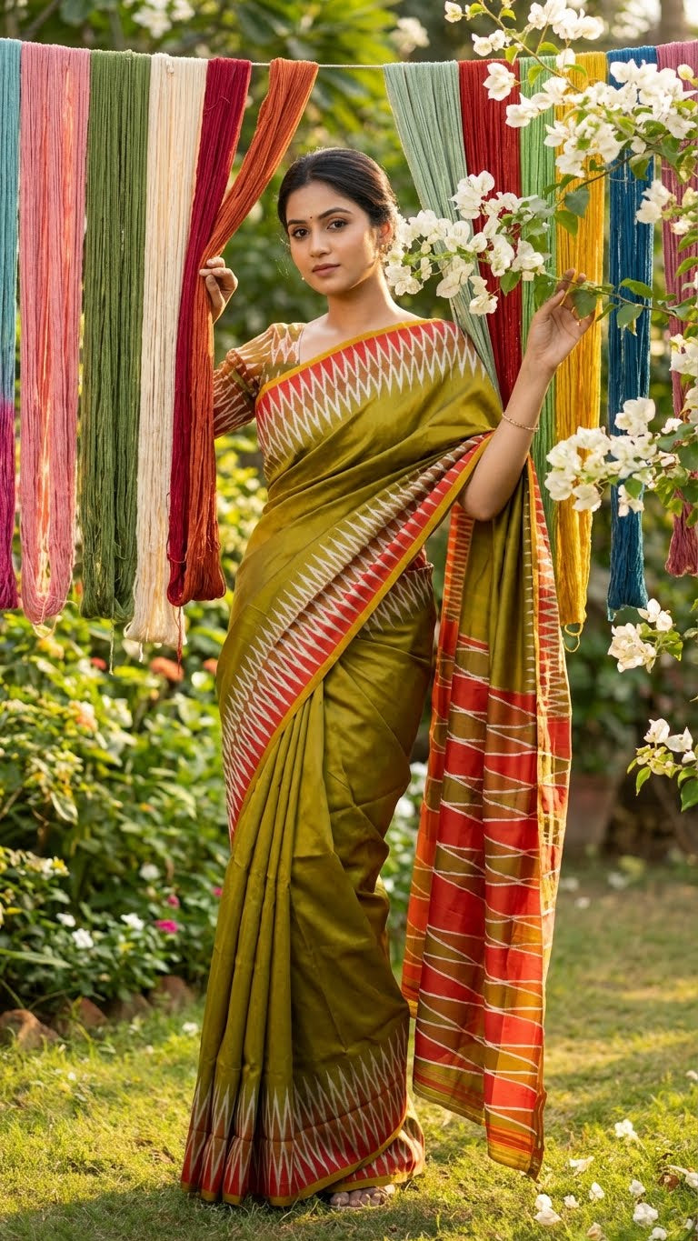 Woman in a mustard yellow viscose silk saree with soft texture holding flowers in a garden setting.