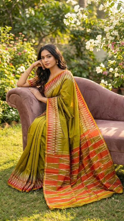 Woman in a mustard yellow viscose silk saree with soft texture sitting on a couch in a garden.