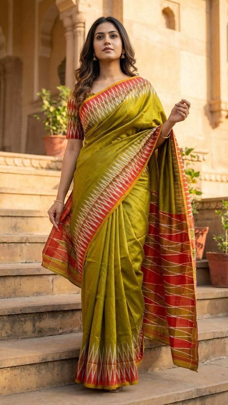 Woman in a mustard yellow viscose silk saree with soft texture standing on steps with architectural background.