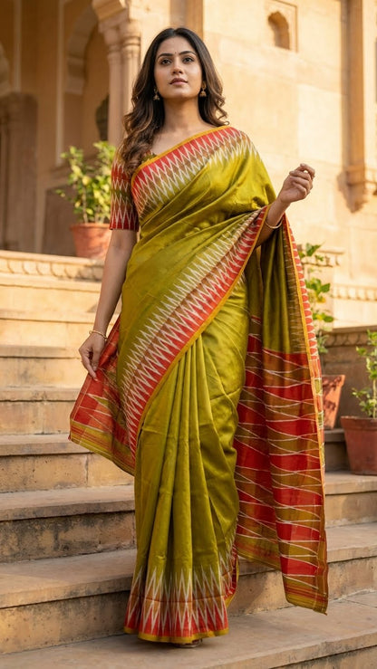 Woman in a mustard yellow viscose silk saree with soft texture standing on steps with architectural background.