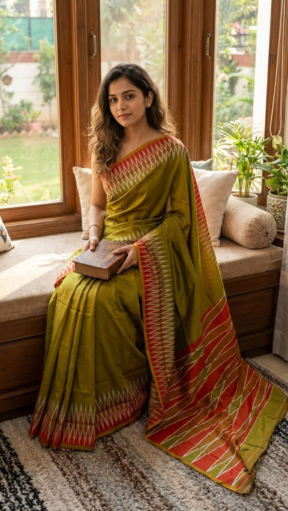 Woman in a mustard yellow viscose silk saree with soft texture sitting on a window seat.