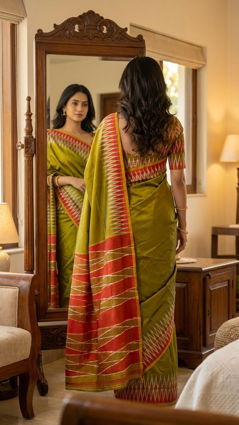 Woman in a mustard yellow viscose silk saree with soft texture looking at herself in a mirror.