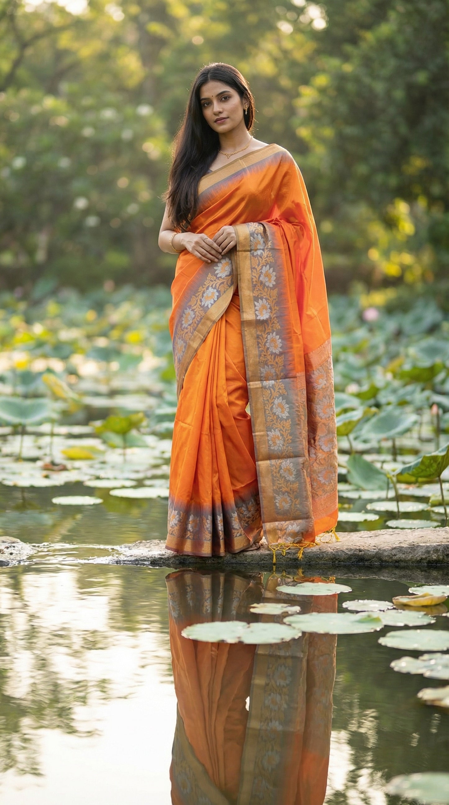 Woman in an Orange viscose silk saree with copper brown border and floral embroidery, elegant festive ethnic wear, standing by a pond with greenery in the background.