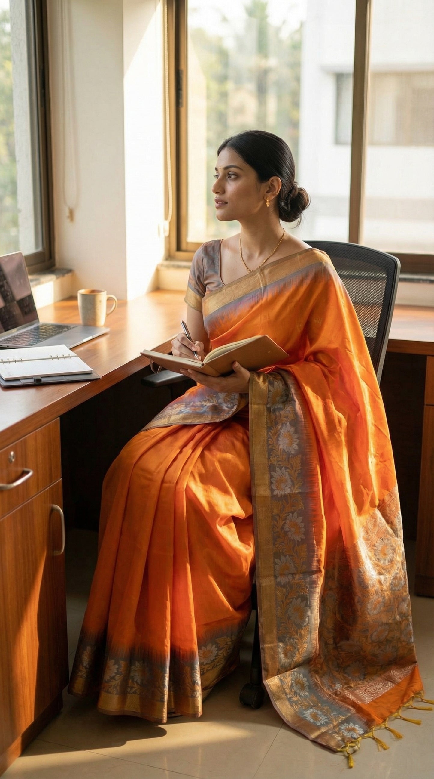 Woman in an Orange viscose silk saree with copper brown border and floral embroidery, elegant festive ethnic wear, sitting at a desk with a laptop and book.