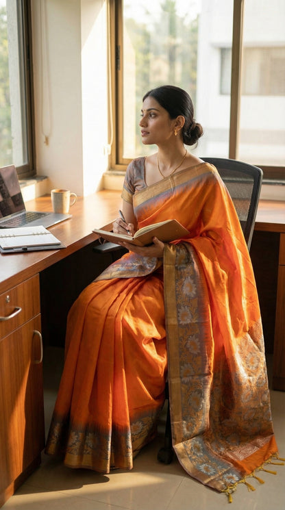Woman in an Orange viscose silk saree with copper brown border and floral embroidery, elegant festive ethnic wear, sitting at a desk with a laptop and book.