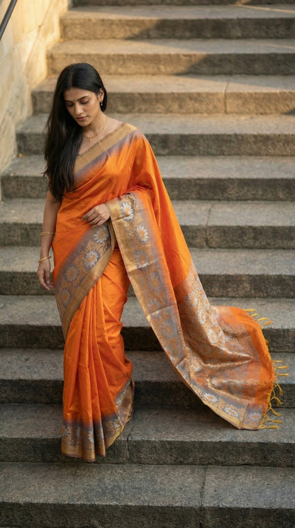Woman in an Orange viscose silk saree with copper brown border and floral embroidery, elegant festive ethnic wear, standing on stone steps.