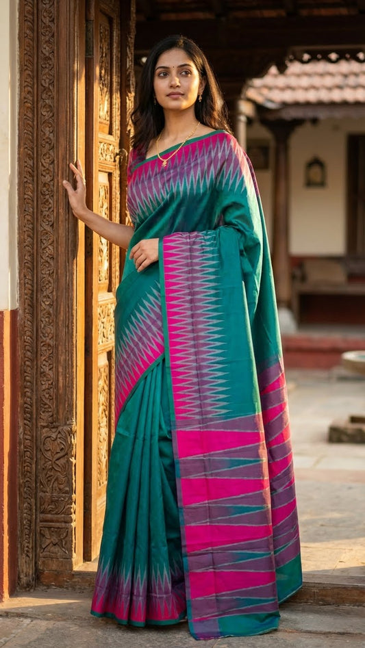 Woman wearing a peacock green viscose blended silk saree with elegant drape and subtle sheen standing in front of a traditional building.