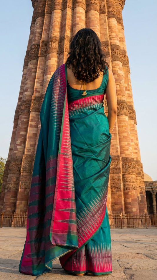Woman in a peacock green viscose blended silk saree with elegant drape and subtle sheen standing in front of a large stone structure.