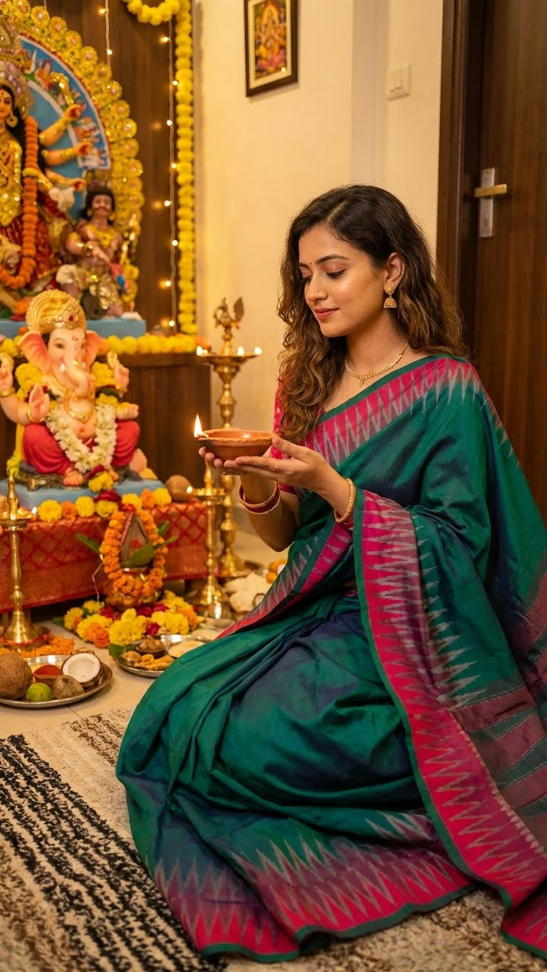 Woman in peacock green viscose blended silk saree with elegant drape and subtle sheen performing a ritual in a decorated room.