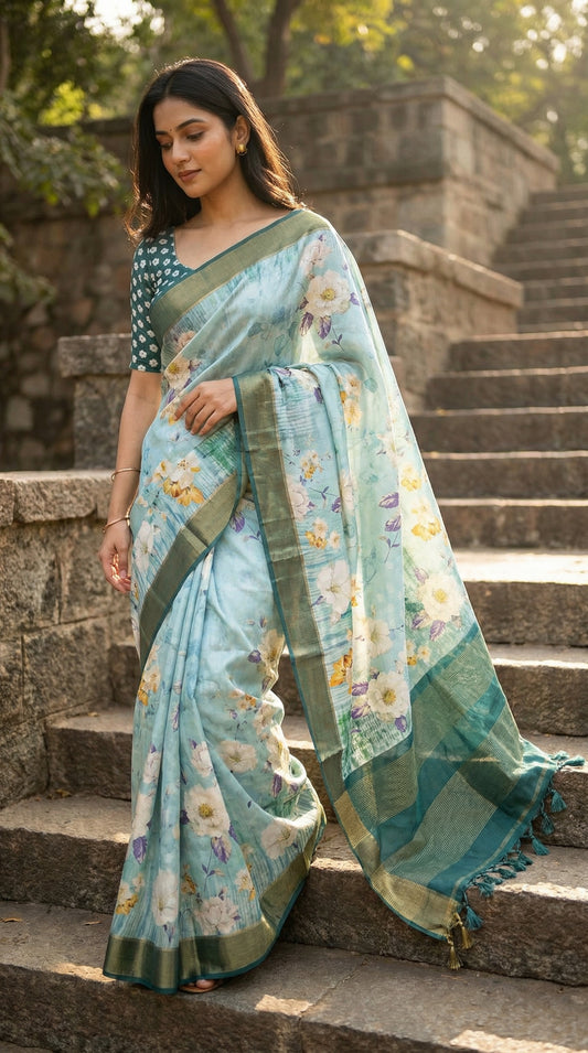 Woman wearing Sea green viscose silk saree with floral print, walking down stairs in an architectural setup.