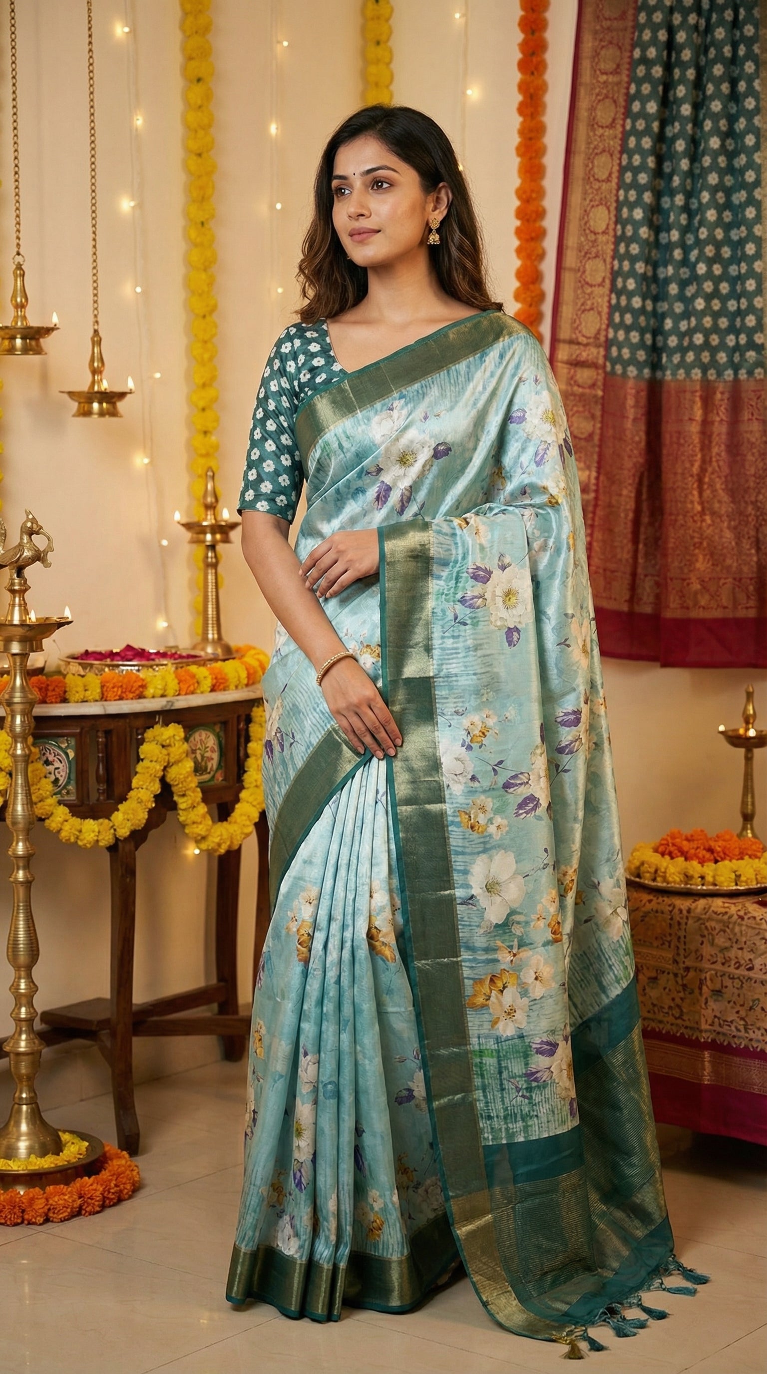 Woman wearing Sea green viscose silk saree with floral print, standing elegantly in her decorated living room.