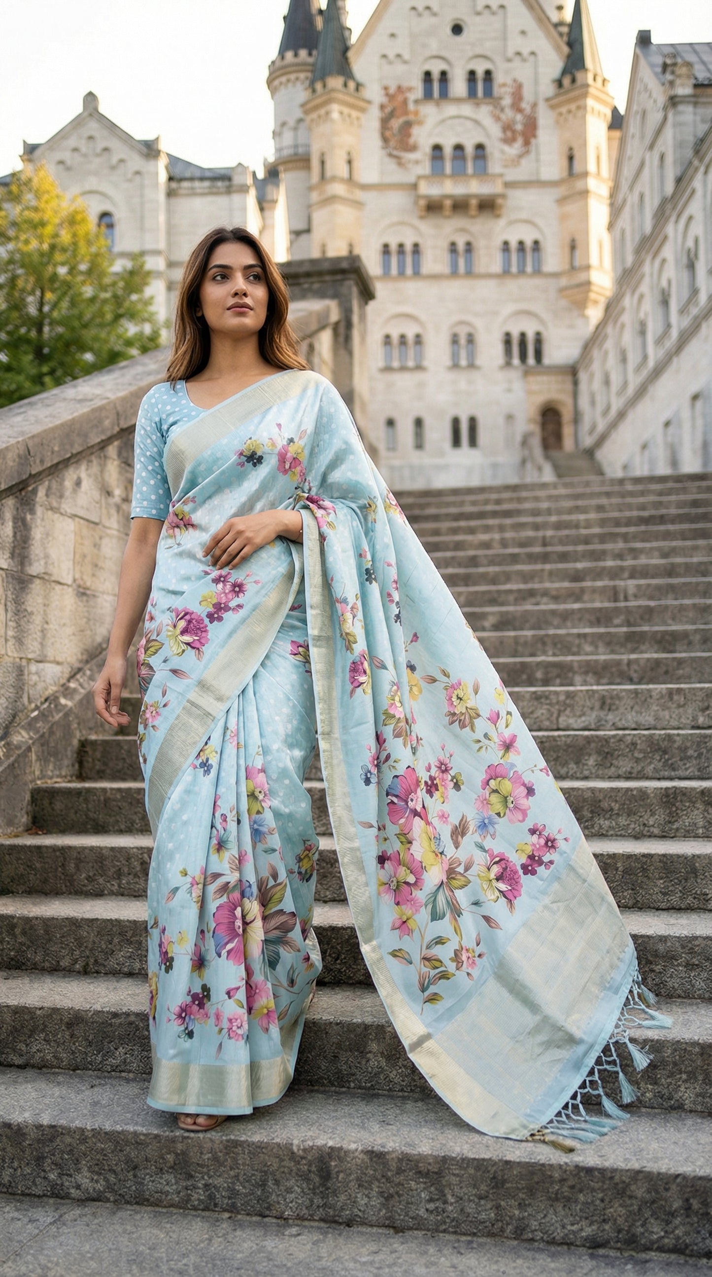 Woman in a Sky blue viscose silk saree with floral accents standing on steps with a castle-like building in the background