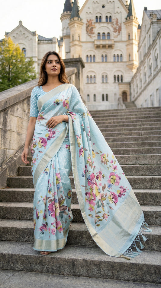 Woman in a Sky blue viscose silk saree with floral accents standing on steps with a castle-like building in the background