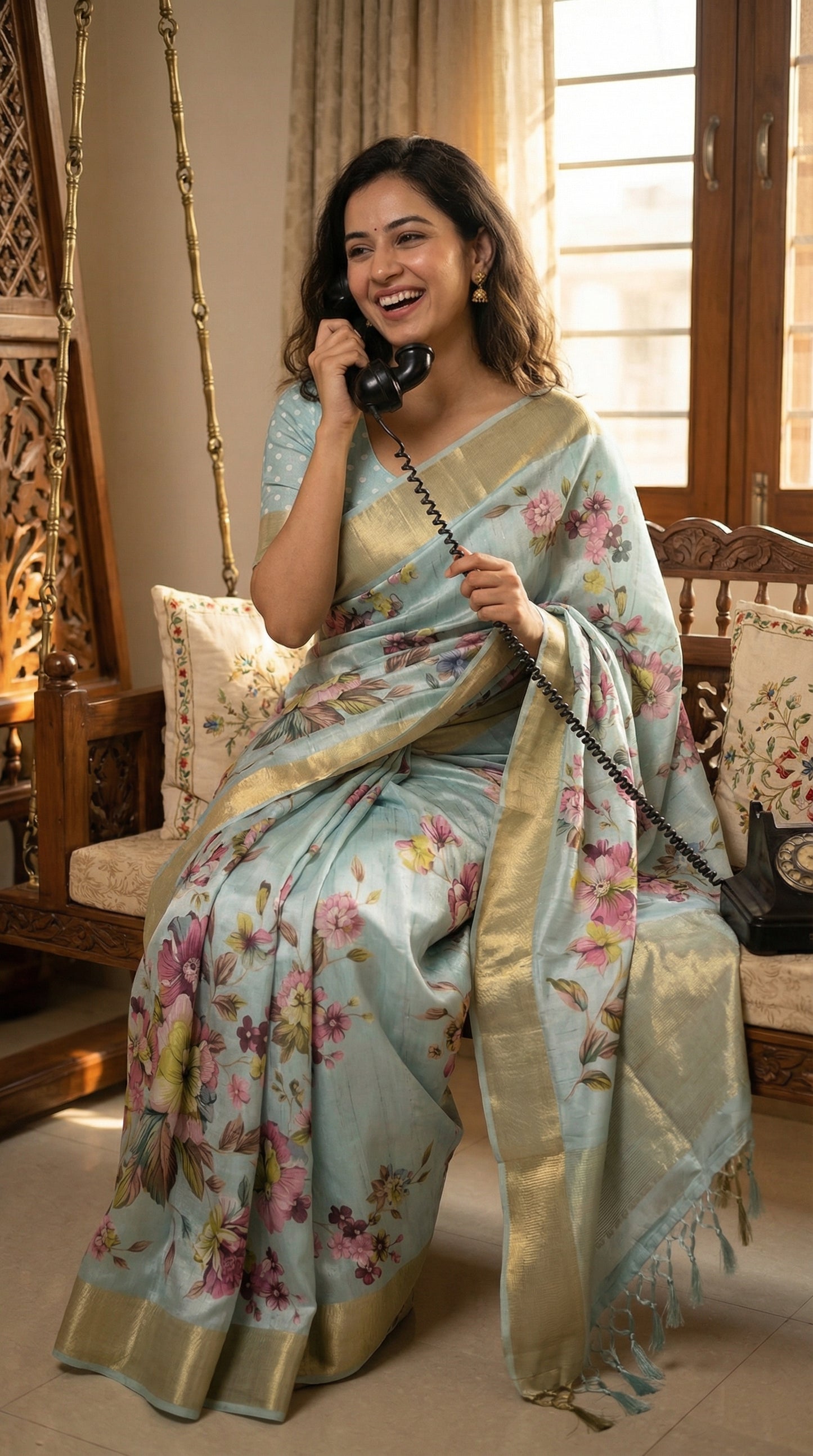 Woman in a Sky blue viscose silk saree with floral accents sitting on a swing indoors.