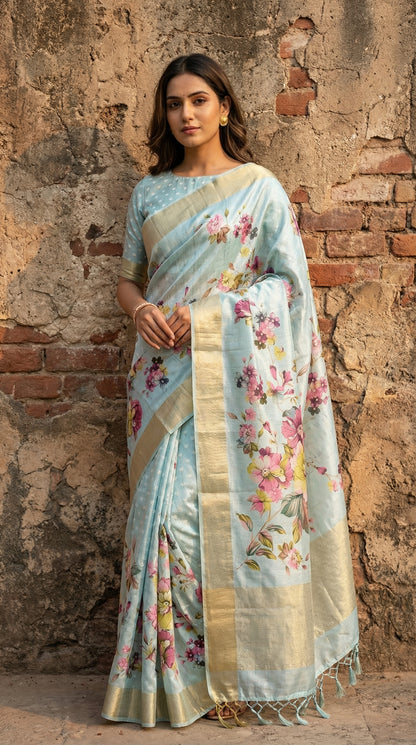 Woman wearing a Sky blue viscose silk saree with floral accents with a brick wall background.