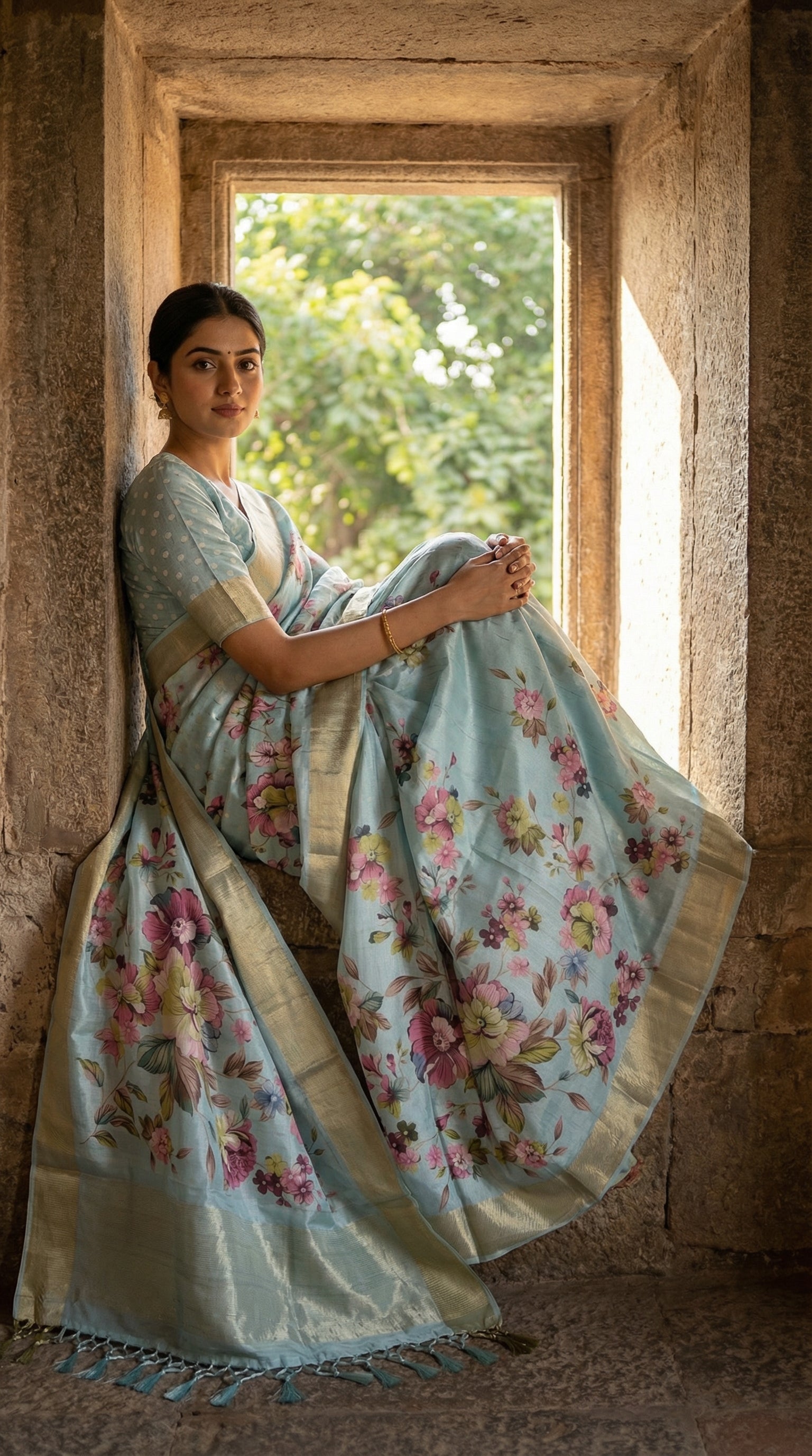 Woman in a Sky blue viscose silk saree with floral accents sitting by a window with a natural background.