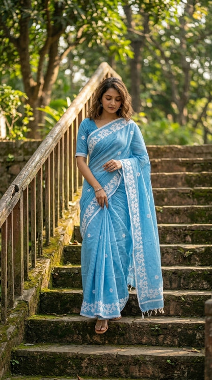 Blue Cotton Saree with Applique Border
