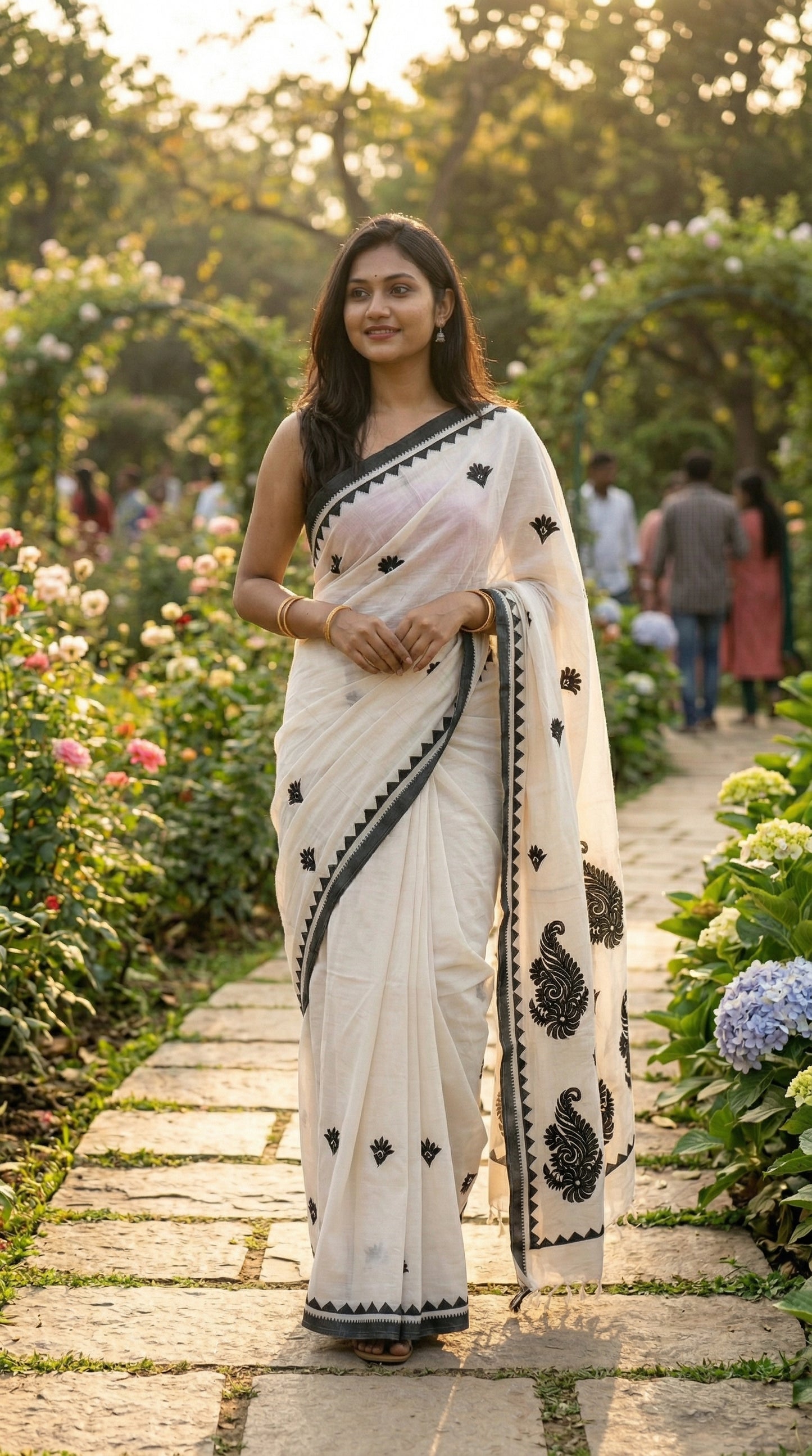 Woman in a white-black-cotton-linen-saree, walking through a garden.