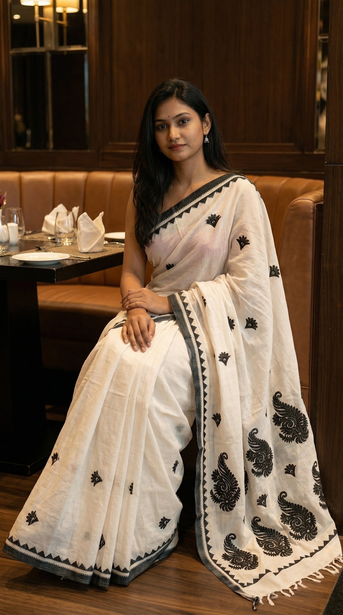 Woman in a white-black-cotton-linen-saree, sitting in a restaurant.