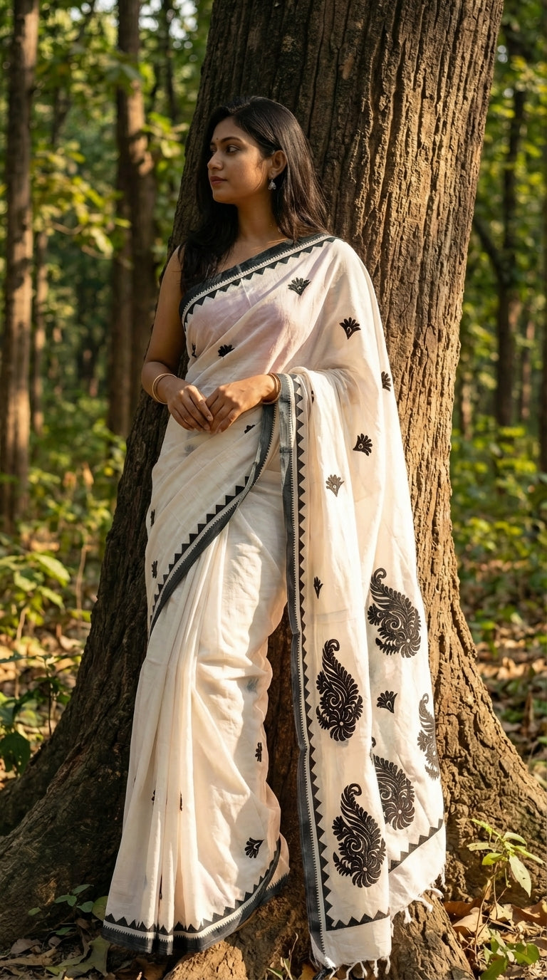 Woman in a white-black-cotton-linen-saree, standing in a forest.