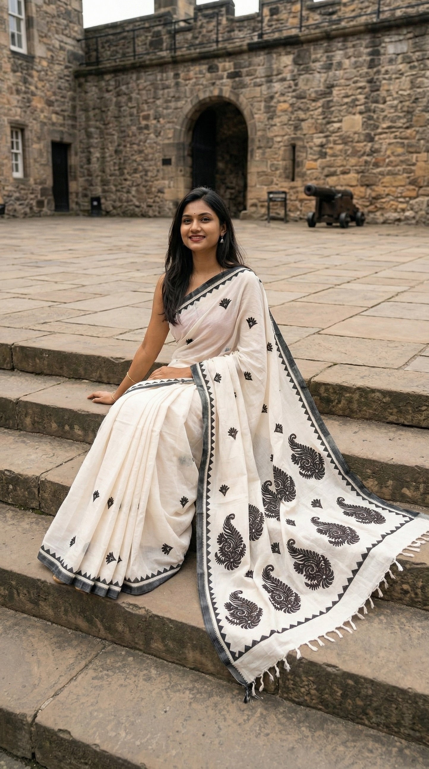 Woman in a white-black-cotton-linen-saree, sitting on stone steps in front of a castle.