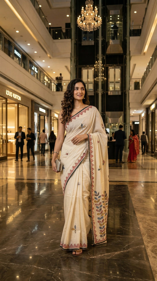 Woman in a white-black-kota-doria-saree, standing in a mall.