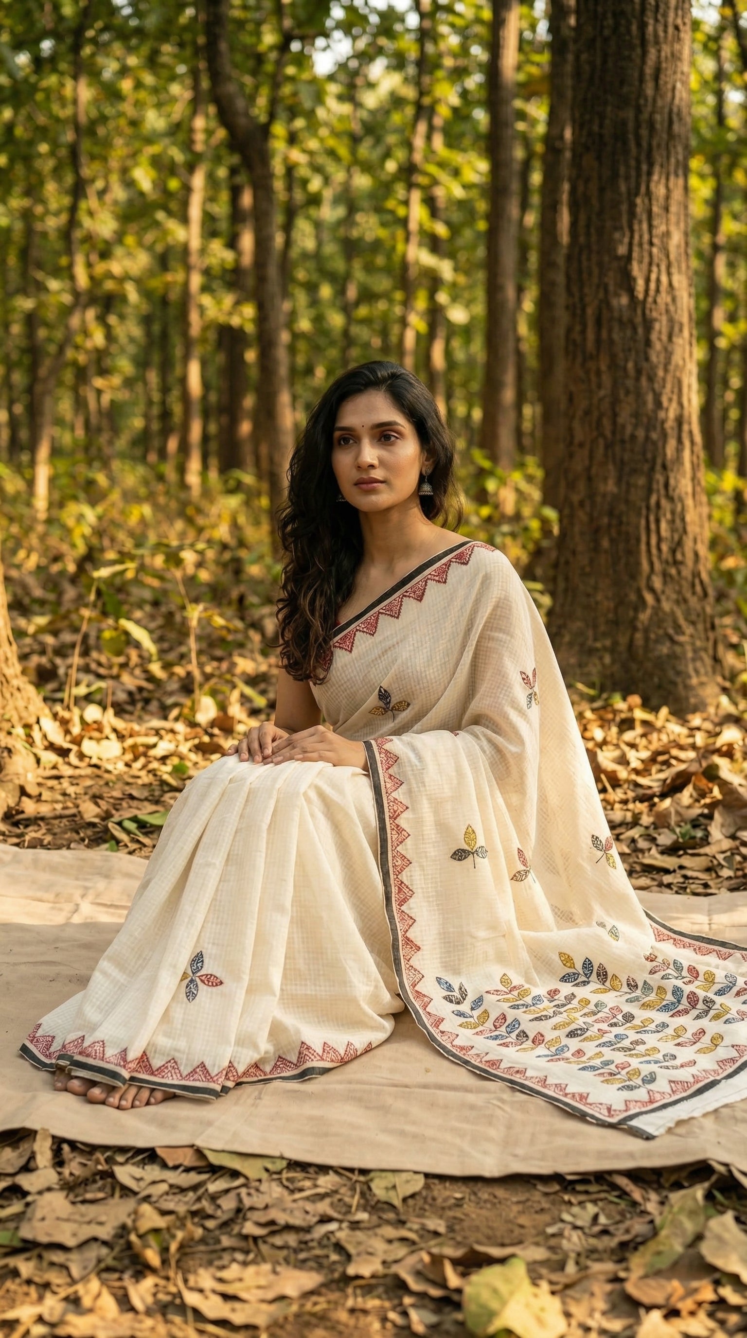 Woman in a white-black-kota-doria-saree, sitting on a log in a forest setting