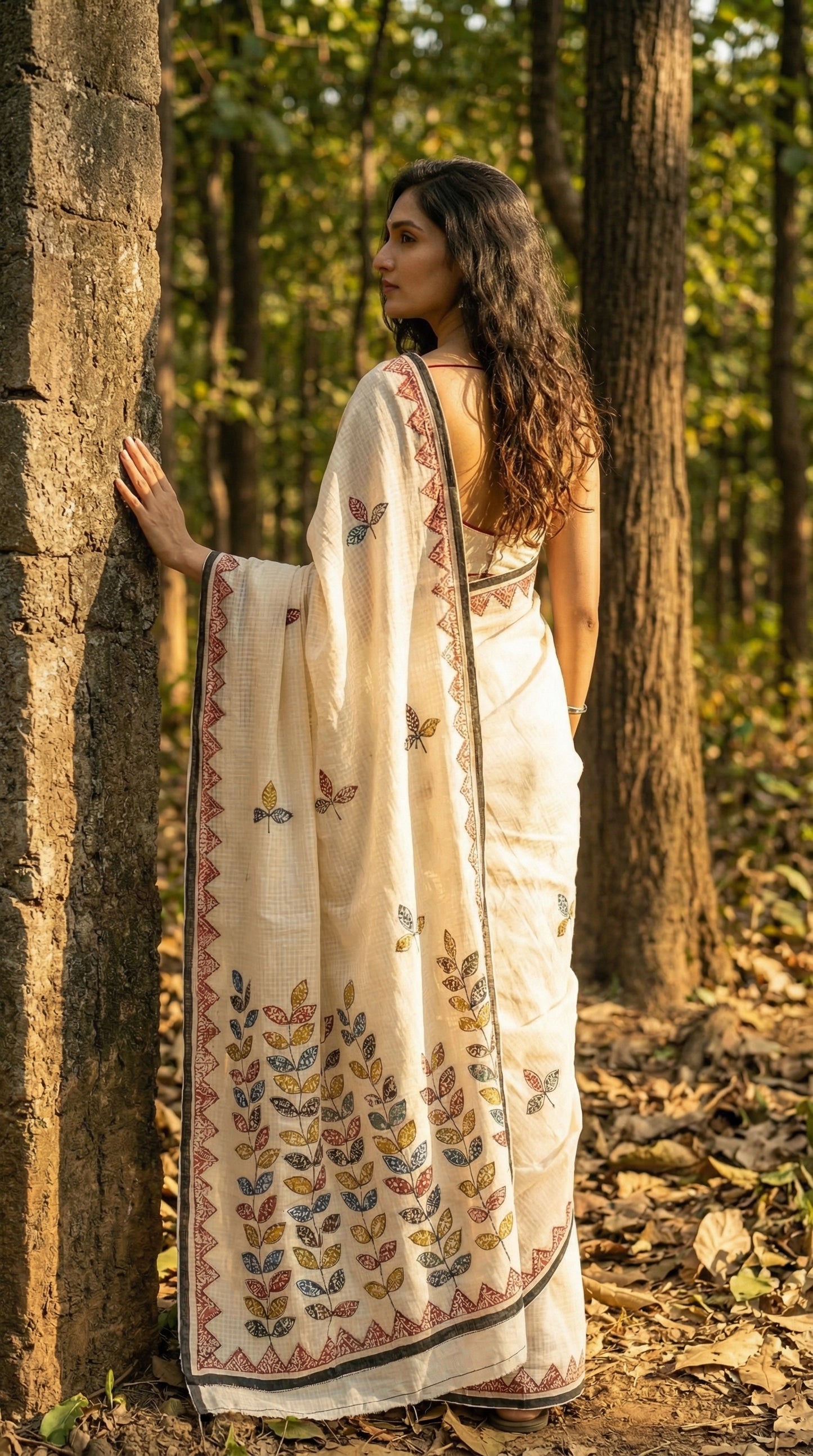 Woman in a white-black-kota-doria-saree, standing in a forest.