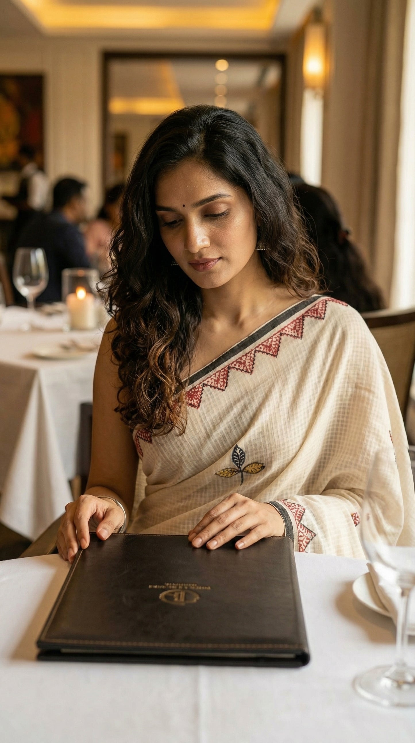 Woman in a white-black-kota-doria-saree, looking at a menu in a restaurant setting