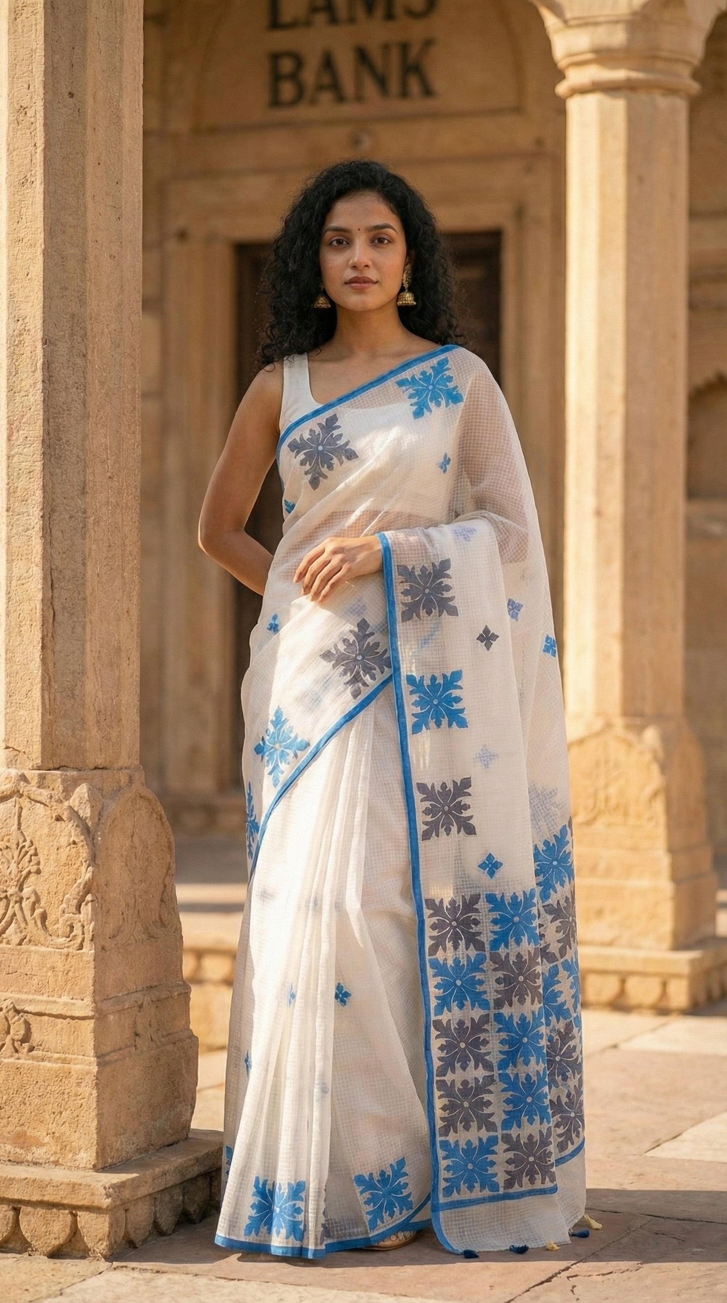 Woman in a white-blue-grey-applique-kota-saree, standing in front of a bank entrance.