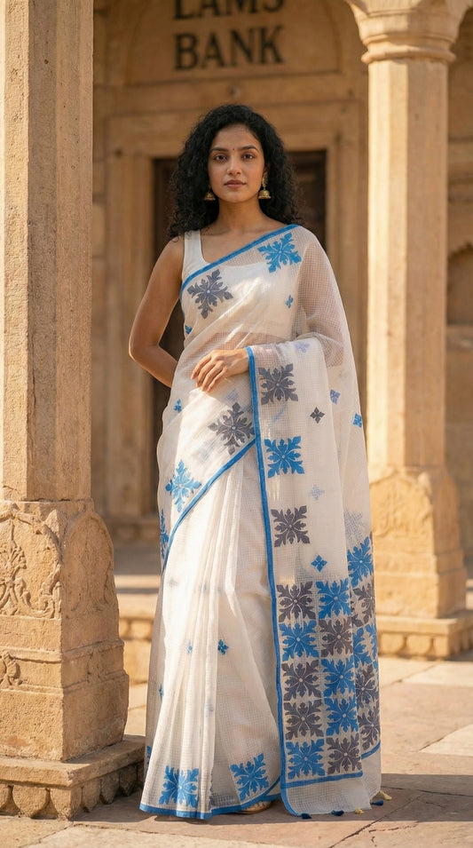 Woman in a white-blue-grey-applique-kota-saree, standing in front of a bank entrance.
