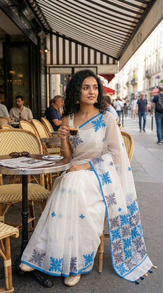 Woman in a white-blue-grey-applique-kota-saree, sitting at an outdoor cafe.