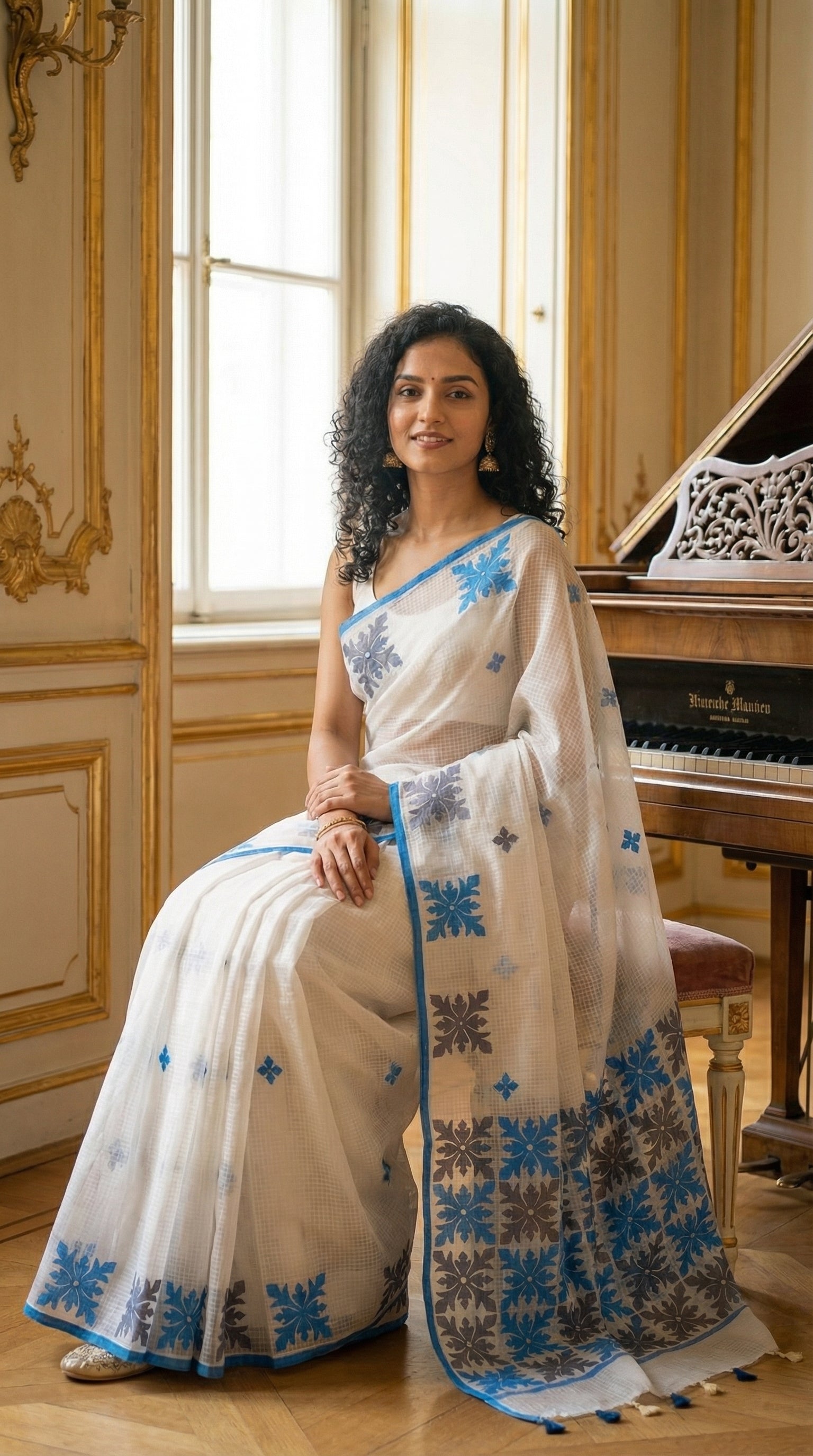 Woman in a white-blue-grey-applique-kota-saree, sitting in a room with a piano.