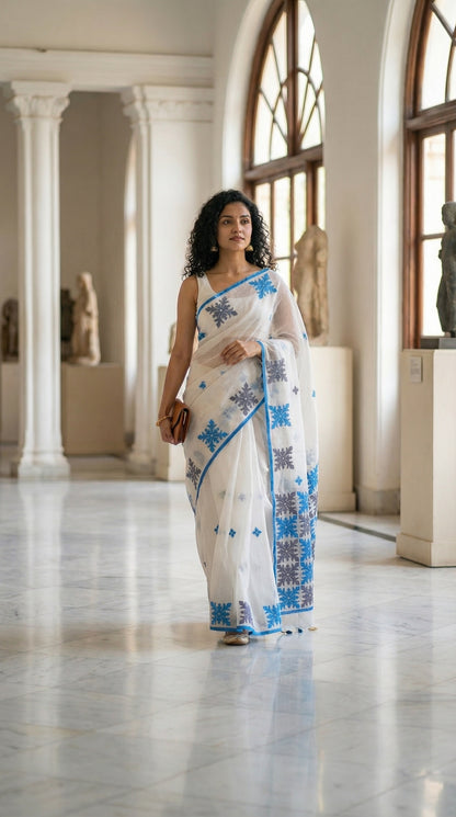 Woman in a white-blue-grey-applique-kota-saree, standing in a museum-like setting.