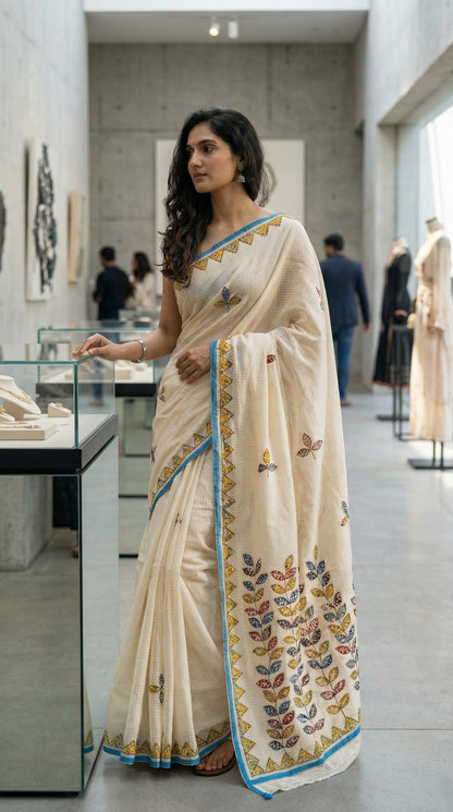 Woman in a white-blue-kota-doria-saree, in a museum setting