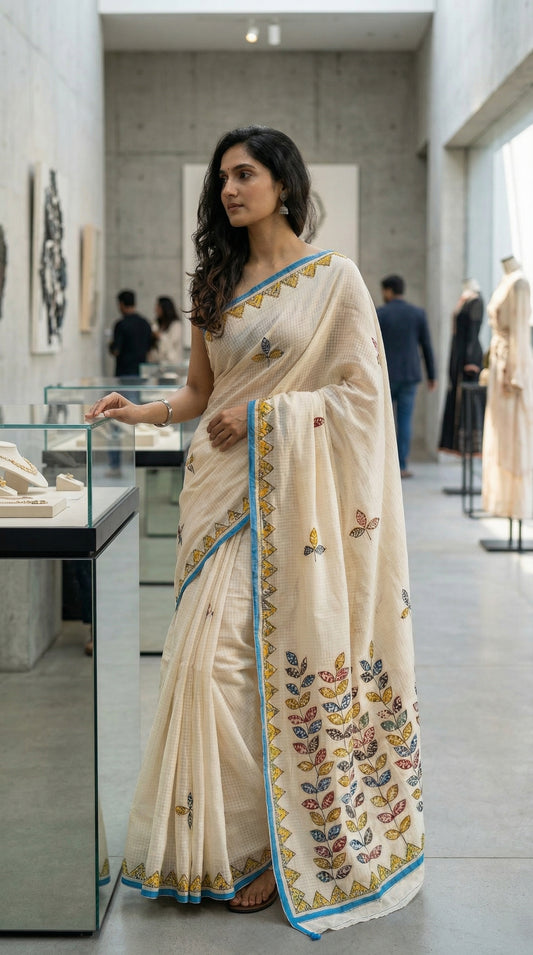 Woman in a white-blue-kota-doria-saree, in a museum setting