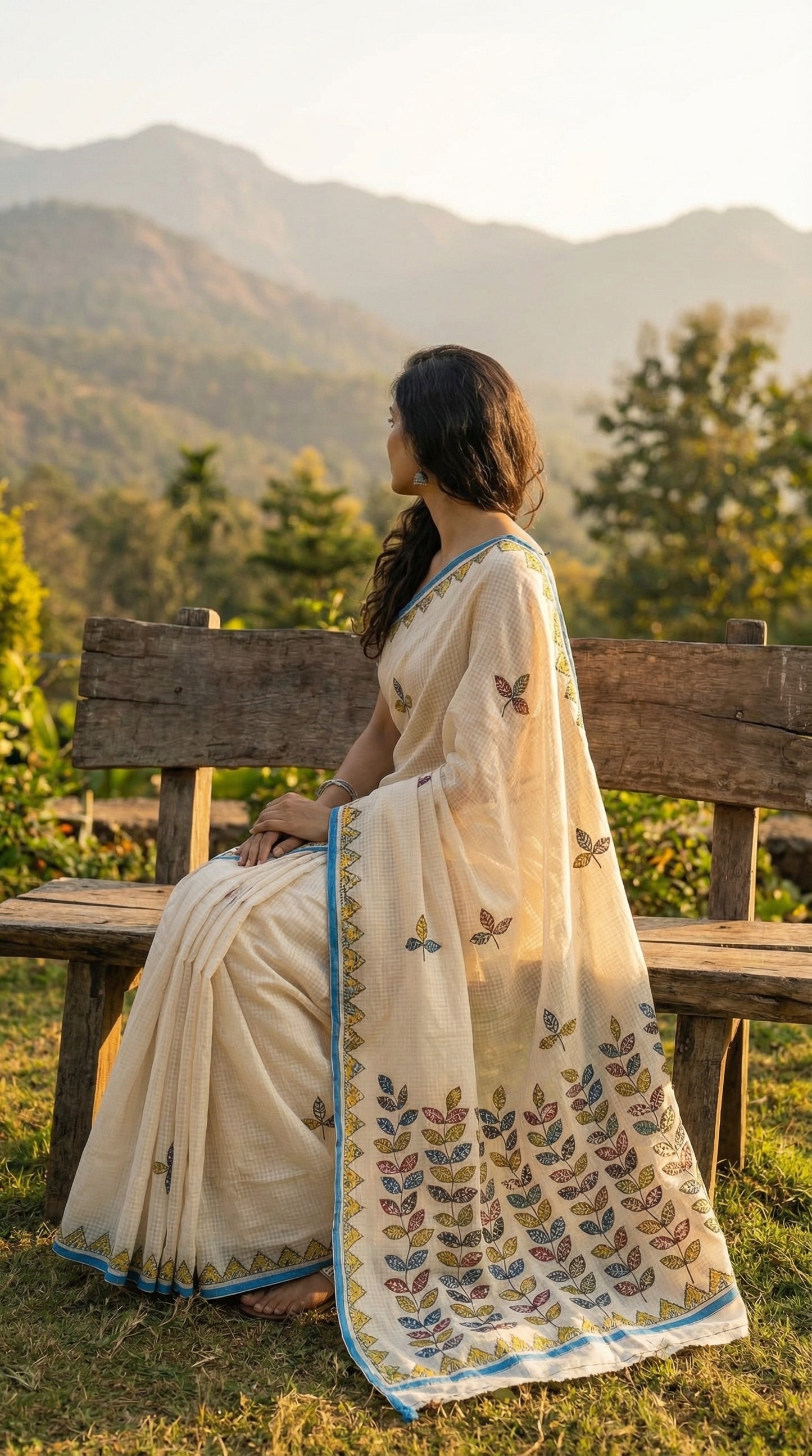 Woman in a white-blue-kota-doria-saree, sitting on a wooden bench in a scenic outdoor setting.
